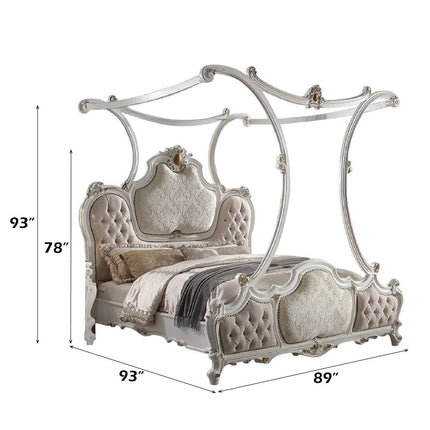 ACME 28204CK Picardy California King Bed with Canopy, Fabric & Antique Pearl
