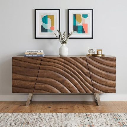 71" Natural Brown Solid Wood Sideboard with Four Doors HomeRoots