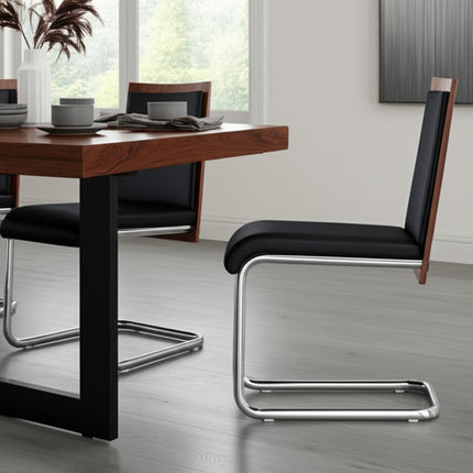 Set of Two Black and Silver Upholstered Faux Leather Dining Parsons Chairs HomeRoots
