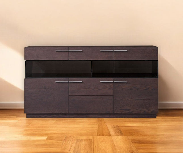 59" Brown Solid Wood Sideboard with Glass Doors HomeRoots
