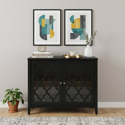 34" Black Sideboard with Two Glass Doors HomeRoots
