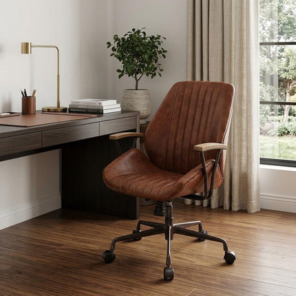 Brown Adjustable Swivel Leather Rolling Executive Office Chair HomeRoots