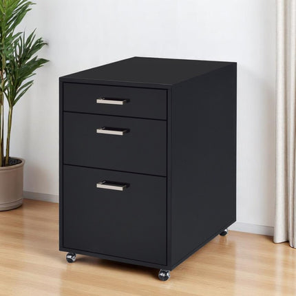 28" Black Wood And Metal Three Drawers Filing Cabinet