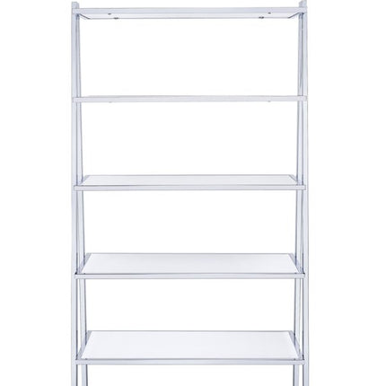 White And Silver Metal and Glass Five Tier Ladder Bookcase HomeRoots