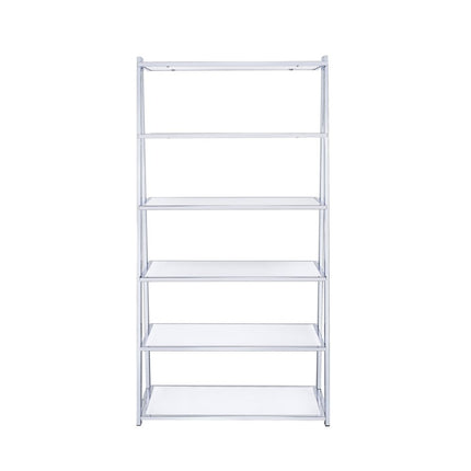 White And Silver Metal and Glass Five Tier Ladder Bookcase HomeRoots