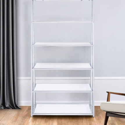 White And Silver Metal and Glass Five Tier Ladder Bookcase HomeRoots