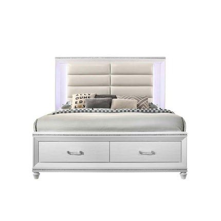 ACME 28737EK Sadie Storage Eastern King Bed, LED, Pearl White PU & White Finish