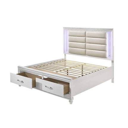 ACME 28740Q Sadie Storage Queen Bed, LED, Pearl White PU & White Finish