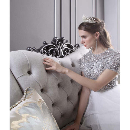 ACME 28827EK House Delphine Eastern King Bed, Two Tone Ivory Fabric & Charcoal Finish
