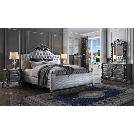 ACME 28847EK House Delphine Eastern King Bed, Two Tone Ivory Fabric & Charcoal Finish