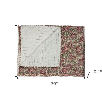 50" X 70" Green and Red Kantha Cotton Damask Throw Blanket with Embroidery HomeRoots