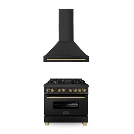 ZLINE 36" Autograph Edition Kitchen Package with Black Stainless Steel Dual Fuel Range and Range Hood with Champagne Bronze Accents (2AKP-RABRH36-CB)