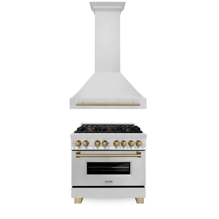 ZLINE 36" Autograph Edition Kitchen Package with Stainless Steel Dual Fuel Range and Range Hood with Champagne Bronze Accents (2AKP-RARH36-CB)