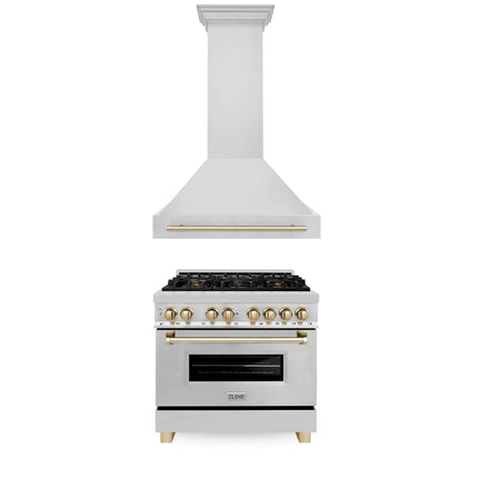ZLINE 36" Autograph Edition Kitchen Package with Stainless Steel Dual Fuel Range and Range Hood with Polished Gold  Accents (2AKP-RARH36-G)