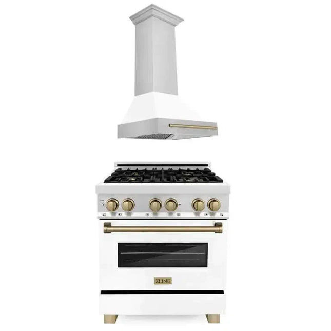 ZLINE Autograph Edition 30 in. Kitchen Package with Stainless Steel Dual Fuel Range with White Matte Door and Range Hood with Champagne Bronze Accents (2AKP-RAWMRH30-CB)