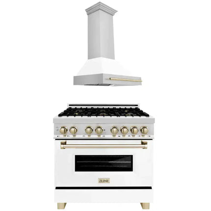 ZLINE Autograph Edition 36 in. Kitchen Package with Stainless Steel Dual Fuel Range with White Matte Door and Range Hood with Polished Gold Accents (2AKP-RAWMRH36-G)