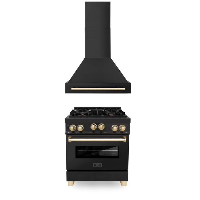 ZLINE 30" Autograph Edition Kitchen Package with Black Stainless Steel Gas Range and Range Hood with Polished Gold  Accents (2AKP-RGBRH30-G) Plaza Home Decor