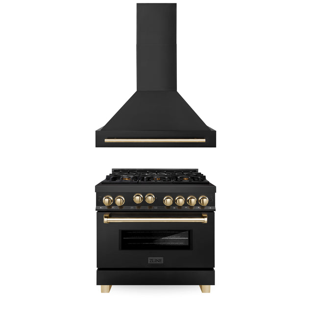 ZLINE 36" Autograph Edition Kitchen Package with Black Stainless Steel Gas Range and Range Hood with Polished Gold  Accents (2AKP-RGBRH36-G) Plaza Home Decor