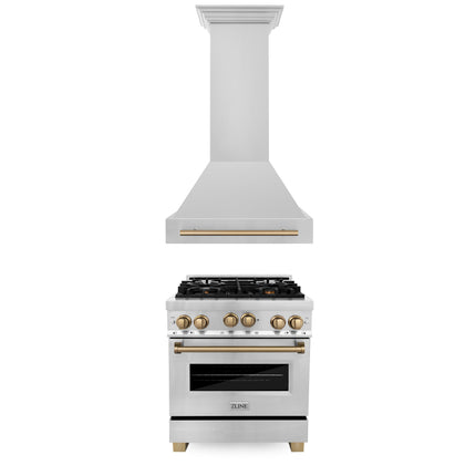 ZLINE 30" Autograph Edition Kitchen Package with Stainless Steel Gas Range and Range Hood with Champagne Bronze Accents (2AKP-RGRH30-CB)