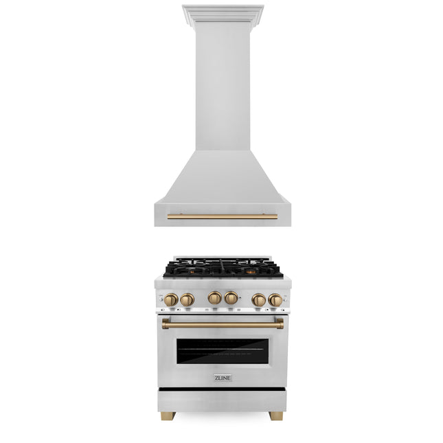 ZLINE 30" Autograph Edition Kitchen Package with Stainless Steel Gas Range and Range Hood with Champagne Bronze Accents (2AKP-RGRH30-CB) Plaza Home Decor