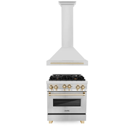 ZLINE 30" Autograph Edition Kitchen Package with Stainless Steel Gas Range and Range Hood with Polished Gold  Accents (2AKP-RGRH30-G)
