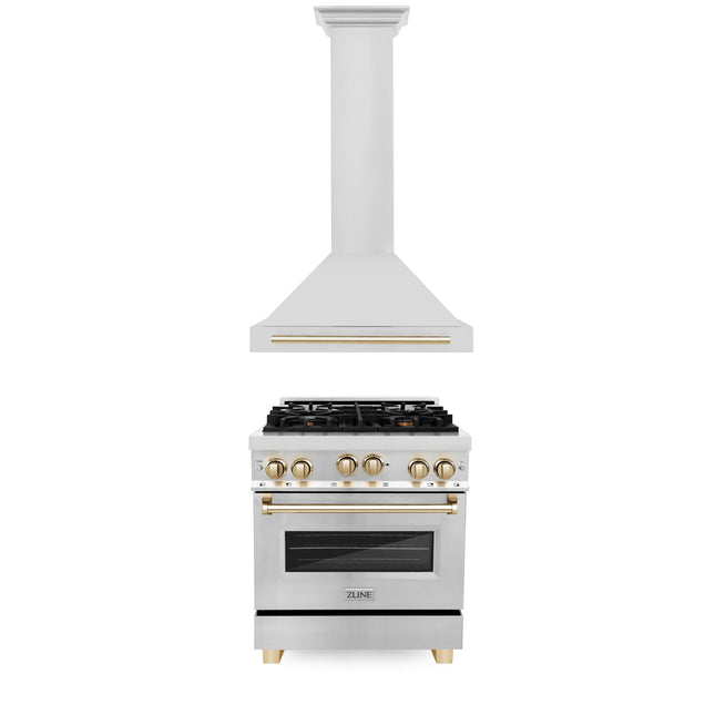 ZLINE 30" Autograph Edition Kitchen Package with Stainless Steel Gas Range and Range Hood with Polished Gold  Accents (2AKP-RGRH30-G) Plaza Home Decor