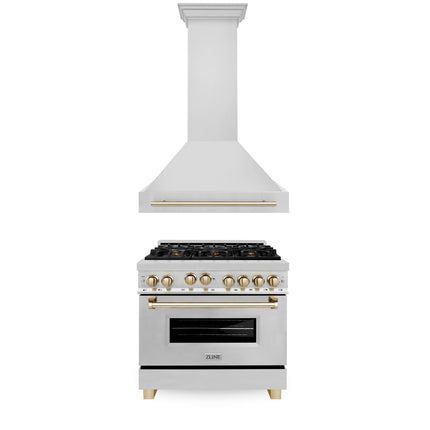 ZLINE 36" Autograph Edition Kitchen Package with Stainless Steel Gas Range and Range Hood with Polished Gold  Accents (2AKP-RGRH36-G)