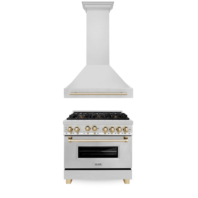 ZLINE 36" Autograph Edition Kitchen Package with Stainless Steel Gas Range and Range Hood with Polished Gold  Accents (2AKP-RGRH36-G) Plaza Home Decor