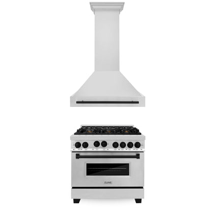 ZLINE 36" Autograph Edition Kitchen Package with Stainless Steel Gas Range and Range Hood with Matte Black Accents (2AKP-RGRH36-MB)