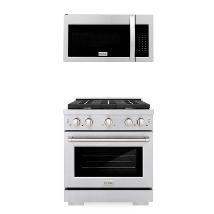 ZLINE 30 in. Kitchen Package Stainless Steel Gas Range and Over The Range Microwave with Modern Handle
