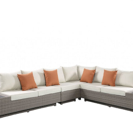 Beige Polyester Modular L Shaped Four Piece Standard With Console And Toss Pillows HomeRoots