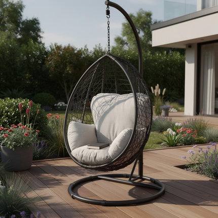 38" Black Metal Swing Chair With Beige Cushion HomeRoots