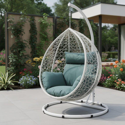 38" Black Metal Swing Chair With Beige Cushion HomeRoots