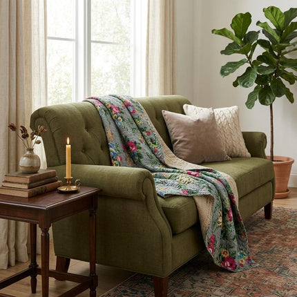 50" X 70" Green and Red Kantha Cotton Damask Throw Blanket with Embroidery HomeRoots