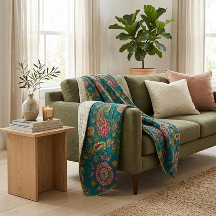 50" X 70" Green and Pink Kantha Cotton Paisley Throw Blanket with Embroidery HomeRoots