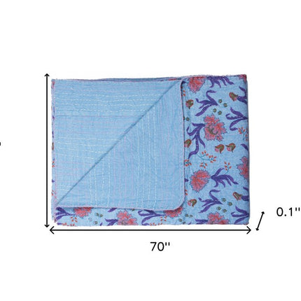50" X 70" Blue and Purple Kantha Cotton Floral Throw Blanket with Embroidery HomeRoots