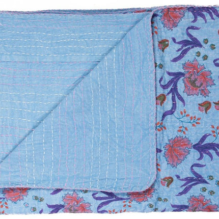 50" X 70" Blue and Purple Kantha Cotton Floral Throw Blanket with Embroidery HomeRoots