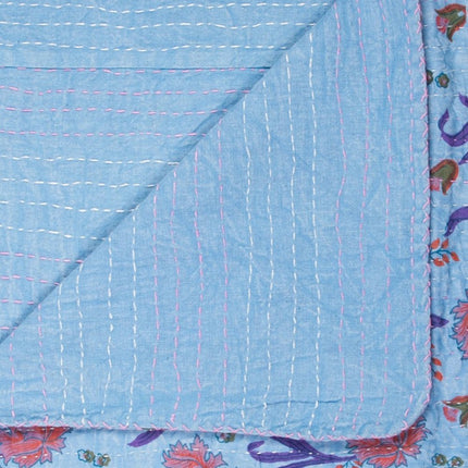 50" X 70" Blue and Purple Kantha Cotton Floral Throw Blanket with Embroidery HomeRoots