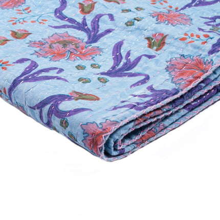 50" X 70" Blue and Purple Kantha Cotton Floral Throw Blanket with Embroidery HomeRoots