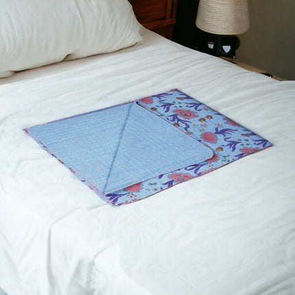 50" X 70" Blue and Purple Kantha Cotton Floral Throw Blanket with Embroidery HomeRoots