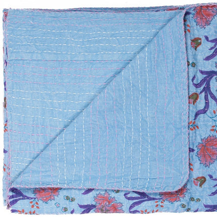 50" X 70" Blue and Purple Kantha Cotton Floral Throw Blanket with Embroidery HomeRoots