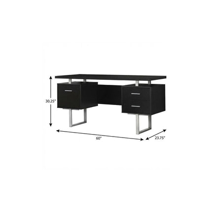 60" Black and Silver Computer Desk With Three Drawers HomeRoots