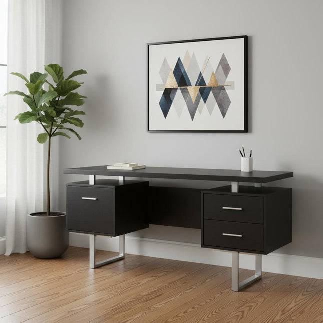 60" Black and Silver Computer Desk With Three Drawers HomeRoots