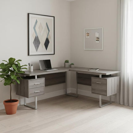 71" Taupe and Silver L Shape Computer Desk With Three Drawers HomeRoots