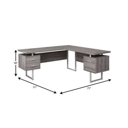 71" Taupe and Silver L Shape Computer Desk With Three Drawers HomeRoots