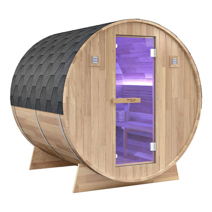 4-6-Person Outdoor Barrel Wet Sauna in White Cedar with ETL-Certified 6.2kW Sauna Rock Heater, and Bitumen Shingle Roof SteamSpa