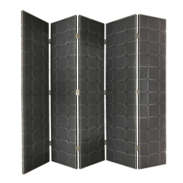 108" Gray Fabric And Wood Folding Five Panel Screen Room Divider HomeRoots
