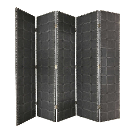 108" Gray Fabric And Wood Folding Five Panel Screen Room Divider HomeRoots