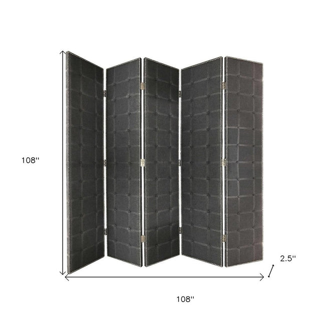 108" Gray Fabric And Wood Folding Five Panel Screen Room Divider HomeRoots
