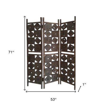 71" Brown Solid Wood Folding Three Panel Screen Room Divider